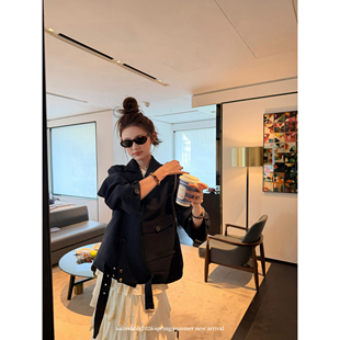 aaaaxbbb 路易波士茶 韩系短款翻领工装外套两色系带宽松夹克上衣