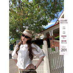 aaaaxbbb 巴拿马玫瑰 中袖娃娃领纯棉白衬衫抓襟花边泡泡袖上衣女