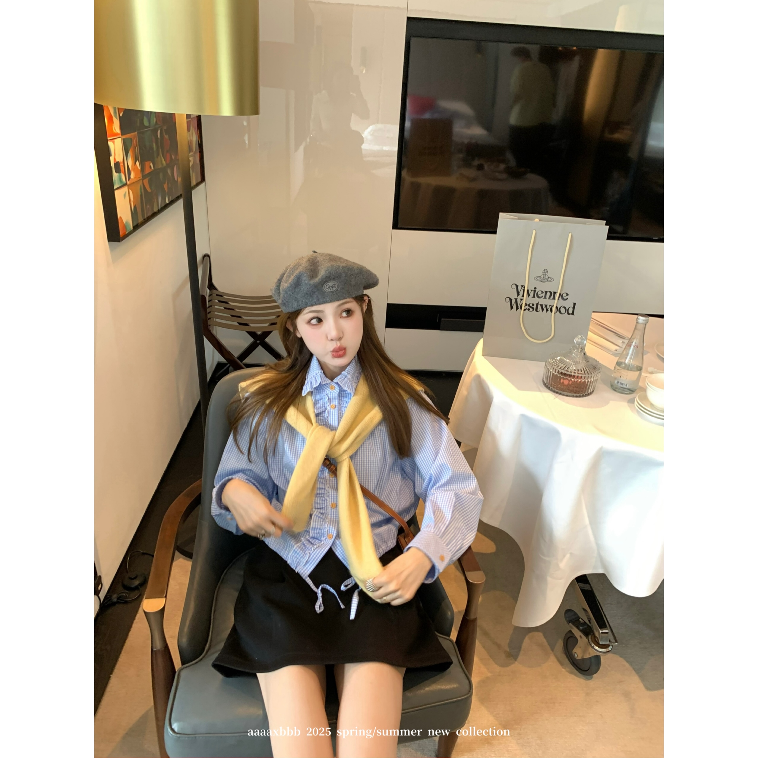 aaaaxbbb两色格子衬衫花边上衣女