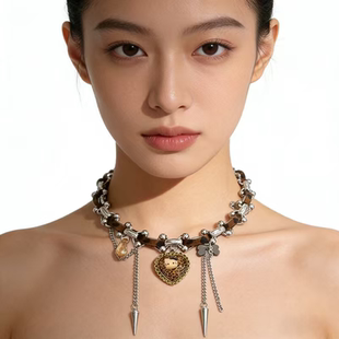 Y2K千禧辣妹豹纹流苏爱心猫咪吊坠皮革项链复古小众个性甜酷颈链