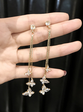 S925银针奢华超闪蝴蝶锆石耳环女2019新款气质韩国长款耳钉耳坠女