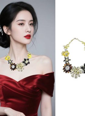 ZA欧美轻奢精致复古潮流合金满钻花卉项链花朵链条锁骨链彩色颈链