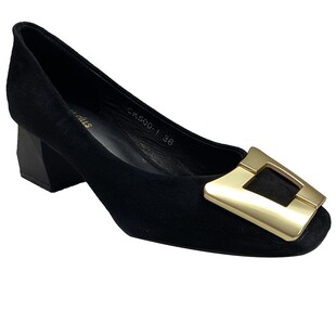 大方扣粗跟中跟纯色羊反绒女鞋 CHOOL KILLS全真皮方头浅口单鞋