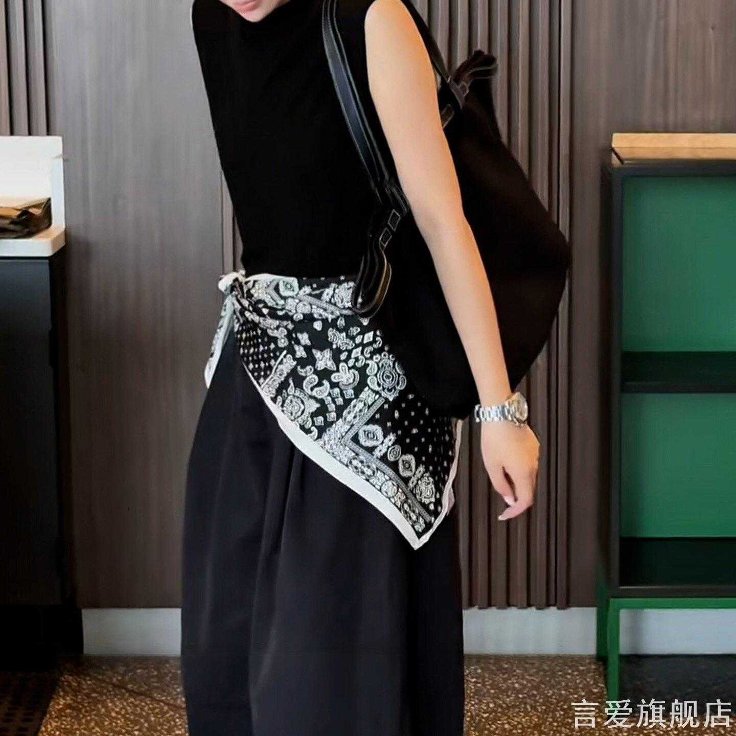 复古黑白腰果印花大方巾柔软垂顺女装腰间屁帘腰封搭配休闲裤丝巾