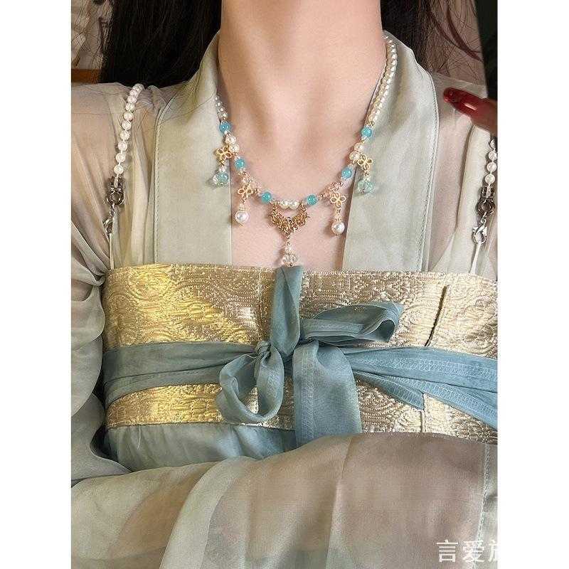 汉元素连衣裙搭配璎珞项链橘色琉璃珍珠吊坠国风古风短款锁骨项饰