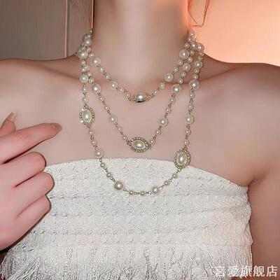 小香风双层叠戴仿珍珠项链女秋冬