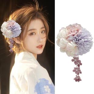 古风汉服绣球花朵发饰日系和风和服头饰后压发夹旅游拍照流苏边夹