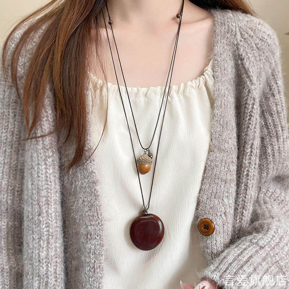 复古民族风橡果吊坠项链女2025