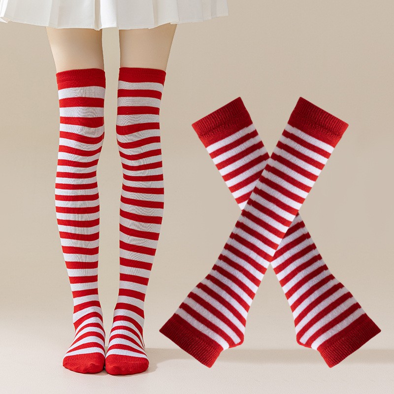 两双儿童成人红白条纹过膝长筒袜男女学生运动会表演走秀演出袖套