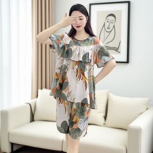 碎花可外穿宽松家居服套装 新款 大码 棉绸防凸点短袖 Y116 睡衣女时尚