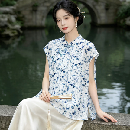 2026新款新中式棉绸印花衬衫女夏季斜襟盘扣休闲百搭无袖宽松上衣
