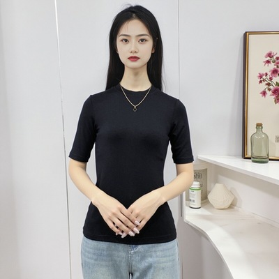 春夏新款莫代尔薄款短袖打底衫女圆领修身可外穿大码黑色内搭Y118