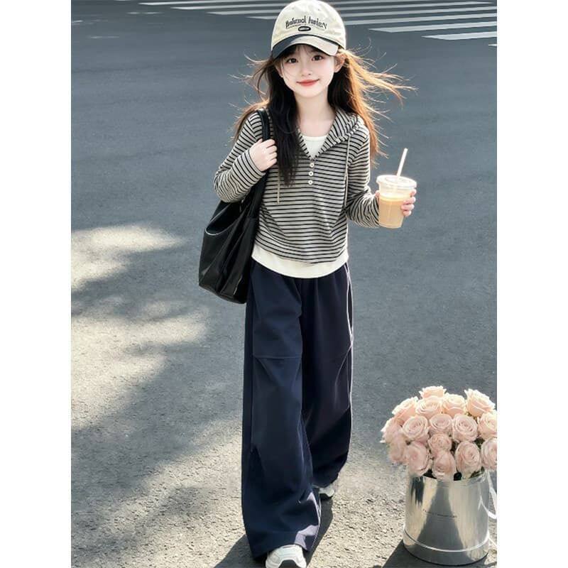 女童套装春秋韩版中大童条纹连帽卫衣两件套2026新款洋气儿童秋装