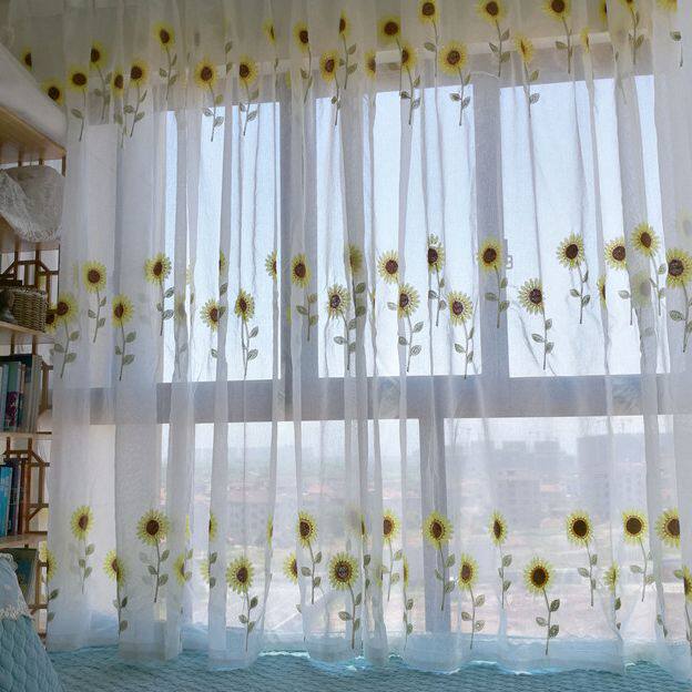 田园刺绣向日葵小清新网红客厅卧室飘窗订制窗帘窗纱帘韩室免打孔