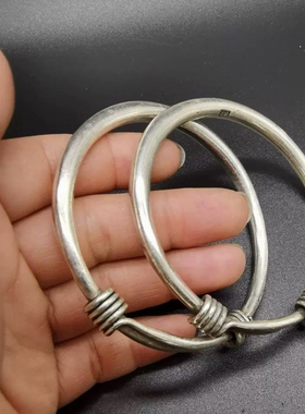 古玩古董老银器老银首饰银手镯手工扭丝麻花圆条白铜镯子女