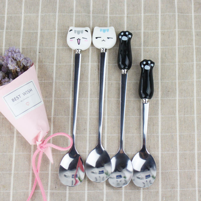 创意卡通可爱陶瓷猫咪勺子叉子儿童幼儿园餐具马克杯勺子咖啡长勺