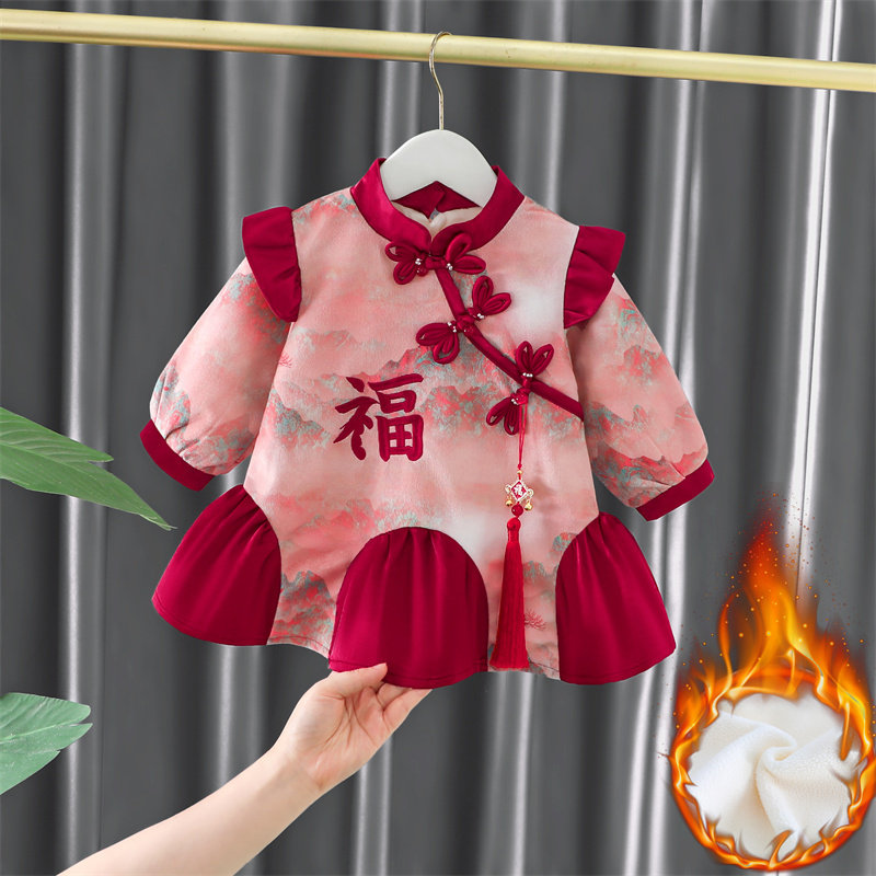 女童旗袍加绒冬天裙子女宝加厚拜年服新款小女孩冬装儿童汉服唐装