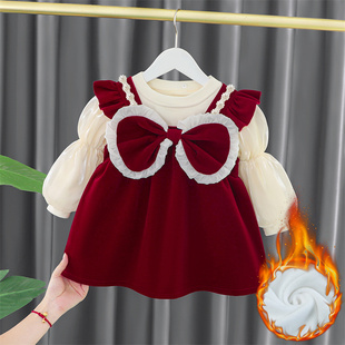 女童连衣裙秋冬季 洋气周岁宝宝礼服儿童加绒公主裙子拜年服两件套