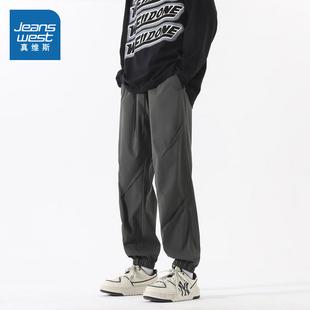 新款 2025春季 美式 宽松长裤 子男 LE真维斯男装 青年纯色束脚裤 休闲裤