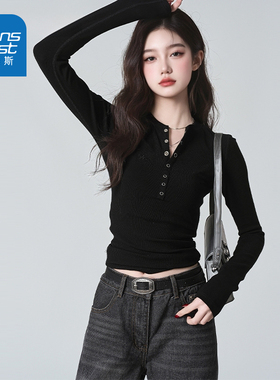 NOW真维斯黑色长袖女t恤2025新款秋修身短款内搭打底衫青少年上衣