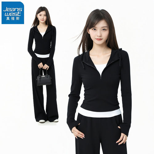 真维斯黑色假两件运动穿搭一整套
