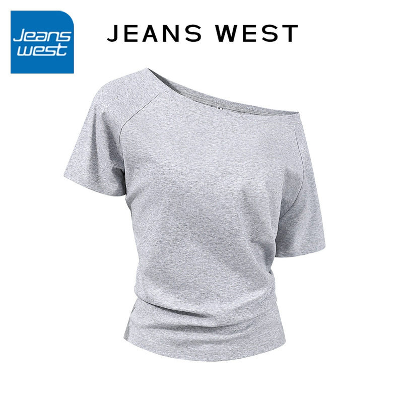 KYV真维斯灰色斜肩短袖t恤女2026夏季新款设计感修身露肩短款