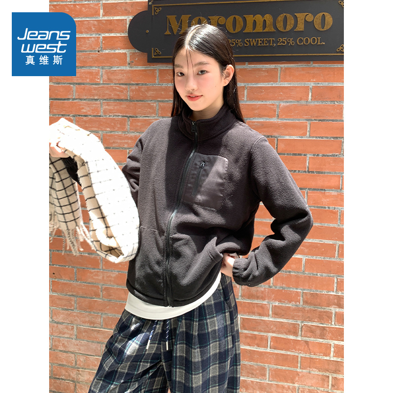 真维斯女秋冬款加绒宽松卫衣外套
