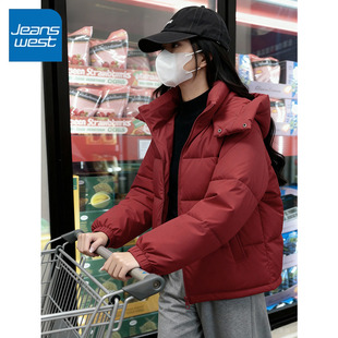 KV真维斯红色短款棉服女款2025新款马年本命年小个子连帽保暖外套