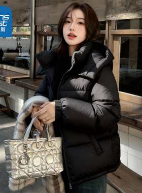 NOW真维斯黑色连帽棉袄棉服女款2025新款冬超好看的冬装加厚外套