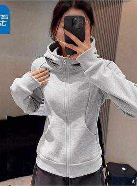 KV真维斯麻灰色连帽卫衣外套女2025新款爆款春秋修身开衫拉链上衣