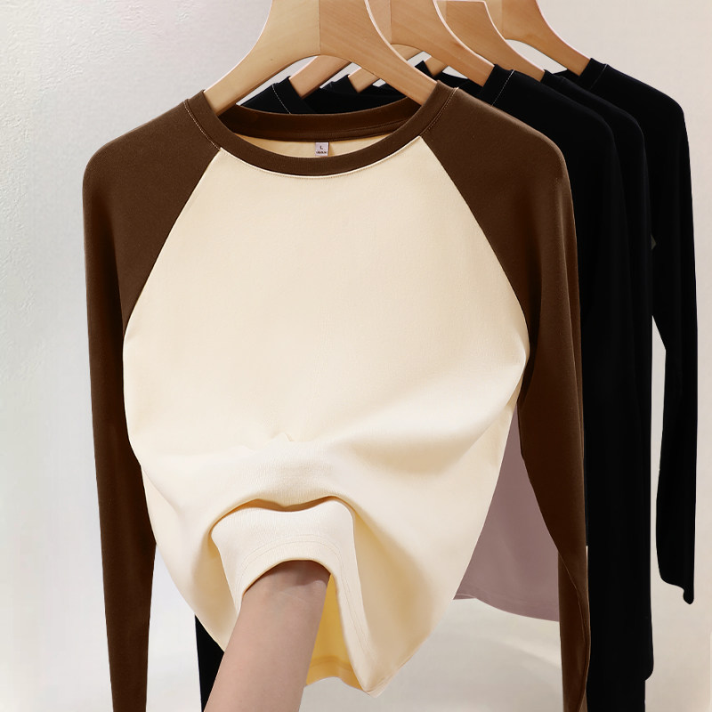 NOW真维斯撞色长袖t恤女2025新款春秋季修身短款内搭打底衫上