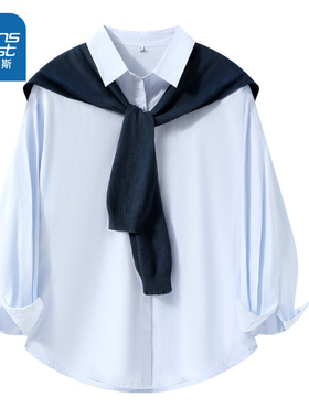 NOW真维斯蓝色长袖衬衫女2026新款春秋学院风设计感叠穿休闲衬衣