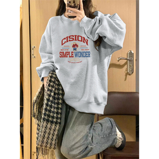 NOW真维斯灰色无帽卫衣女2025新款 上衣 春秋学生休闲宽松套头长袖