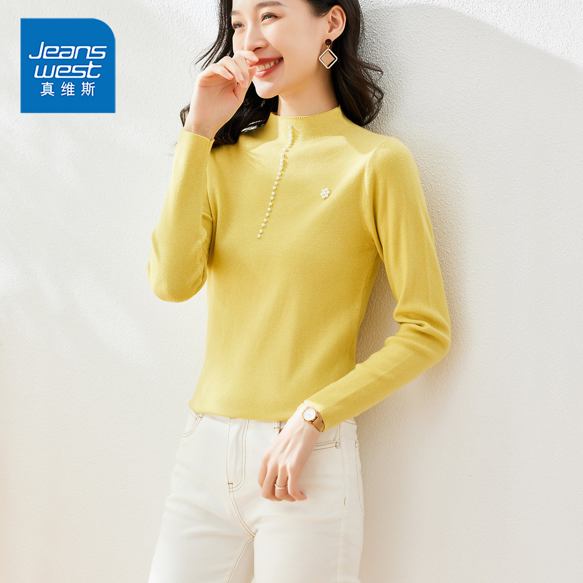 KP真维斯秋季女士时髦圆领简约风纯色薄款弹力套头打底针织毛衣