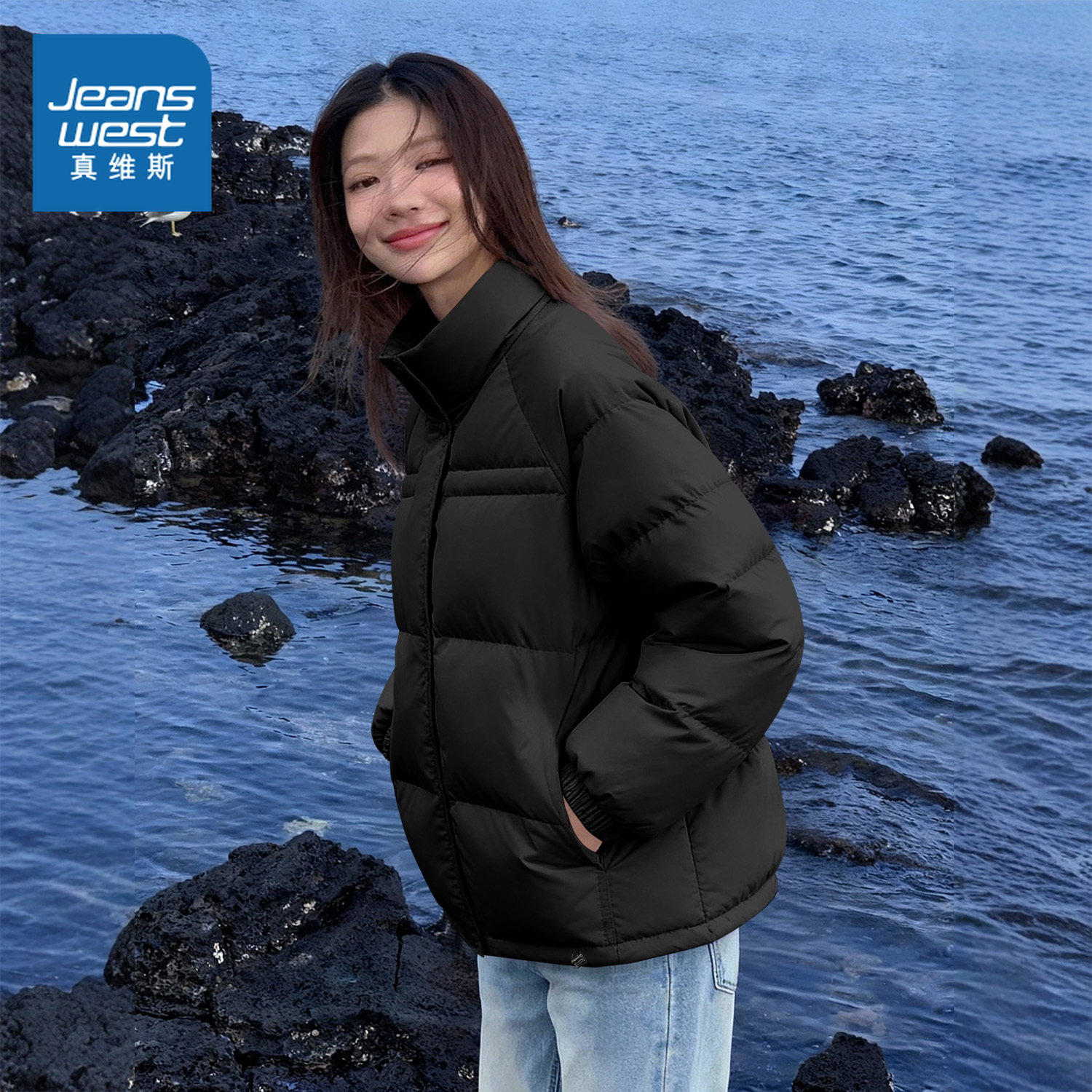 真维斯黑色短款羽绒服女冬