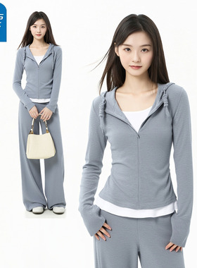 KHV真维斯灰色假两件上衣裤子女2025新款巨好看冬装套装运动套装