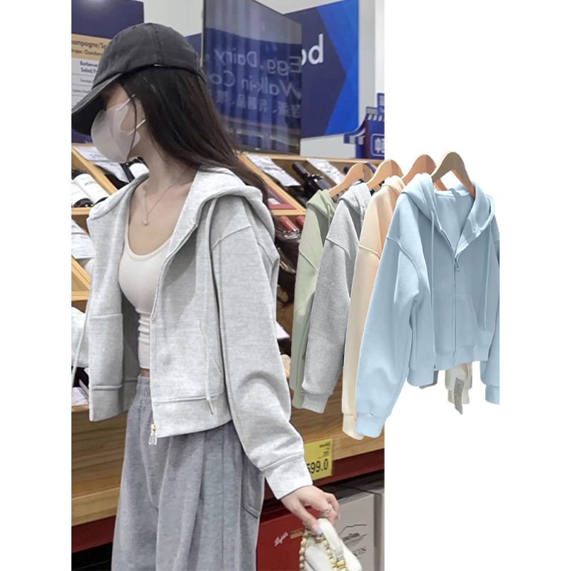 NOW真维斯灰色连帽卫衣女2025新款春秋季小个子韩系短款外套上衣