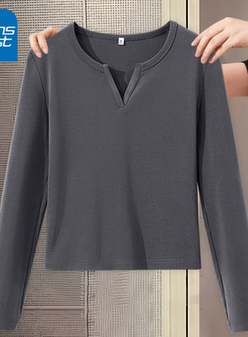 KV真维斯灰色V领长袖内搭女款t恤2026秋季新款修身显瘦打底衫上衣