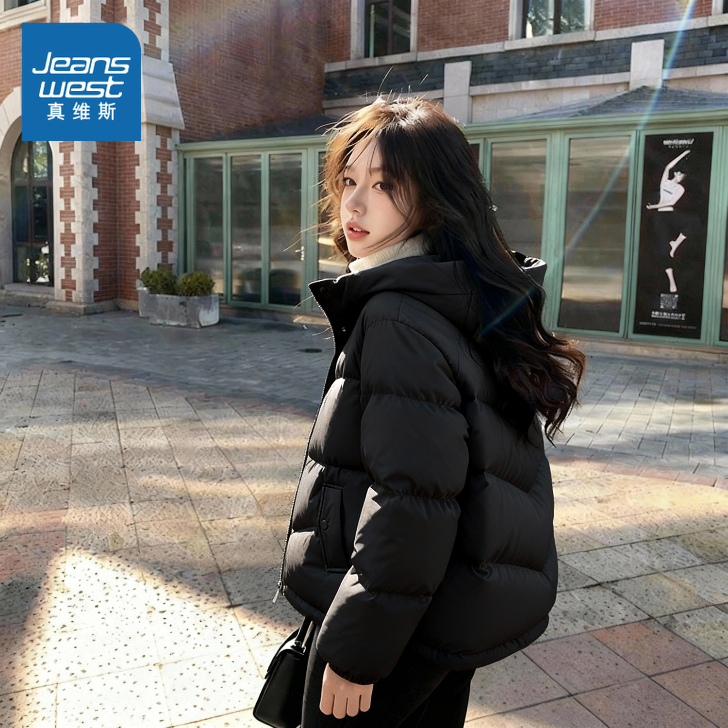 NOB真维斯黑色短款羽绒服女外套