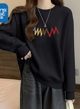 LB真维斯黑色卫衣女款早秋2025新款百搭套头上衣学生党欧式外套女