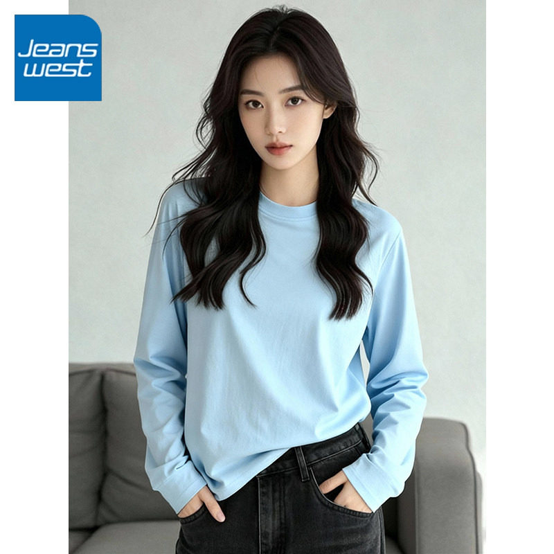 NOA真维斯蓝色长袖t恤女2026新款春秋宽松纯棉打底衫减龄内搭上衣,女装/女士精品,T恤,淘宝优惠券,粉丝福利购,淘宝优惠卷