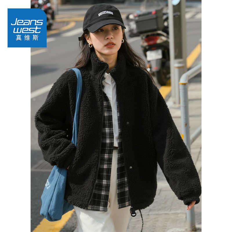 真维斯黑色摇粒绒外套女2025新款