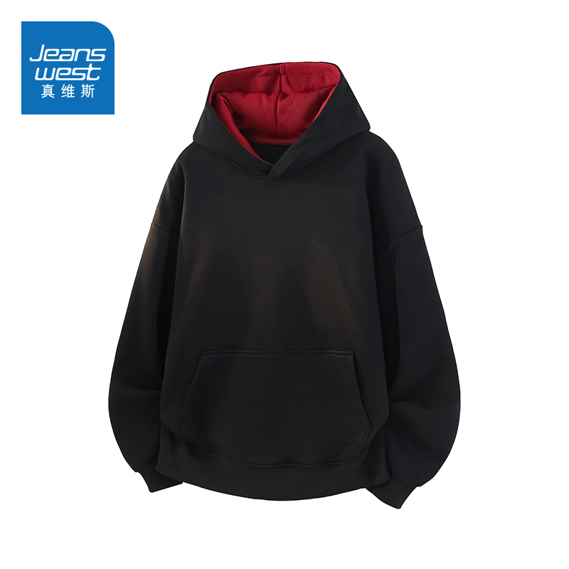 N5真维斯加绒连帽卫衣男2025新款美式撞色宽松男生秋冬装套头外套
