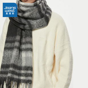 ST真维斯男款2025冬季新款经典格子流苏加厚亲肤舒适时尚百搭围巾