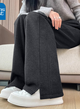 KV真维斯灰色直筒裤女秋冬加厚裤子女人字纹毛呢女裤窄版阔腿裤女