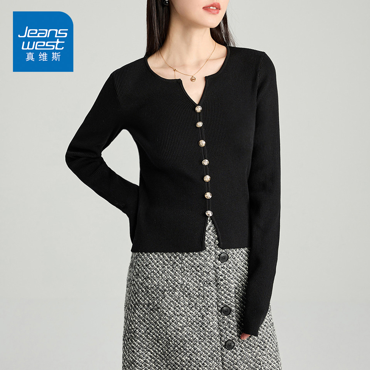 KP真维斯黑色V领针织开衫外套女2025秋冬高级感收腰显瘦外搭上衣