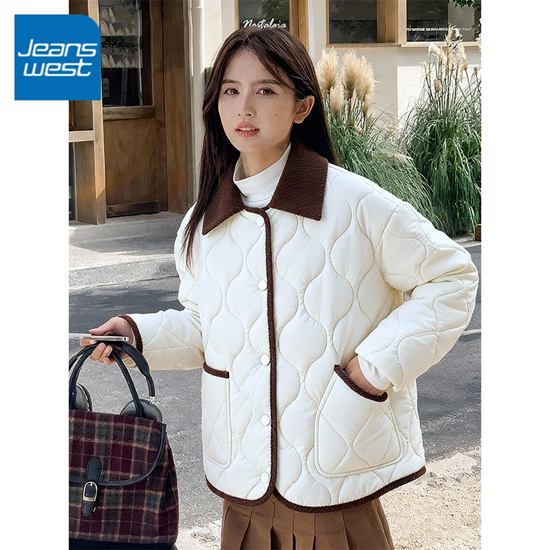 真维斯撞色翻领棉服女2025新款