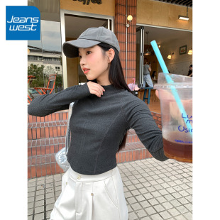流行半高领内搭拉链长袖 秋季 上衣女 女2025新款 KV真维斯薄绒打底衫