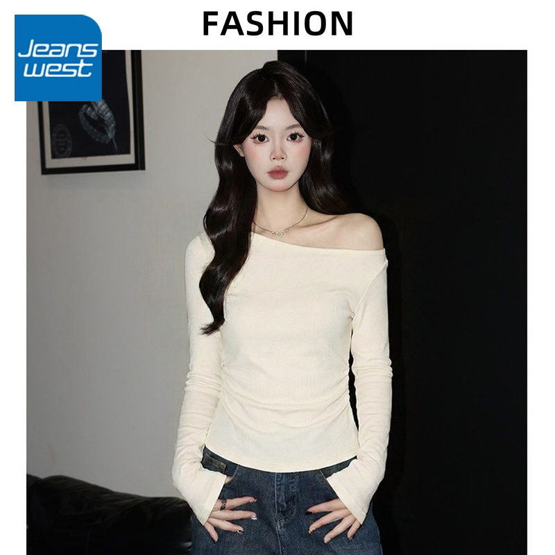 KCV真维斯女款一字领长袖2026新款鹅黄显白露肩温柔气质日常上