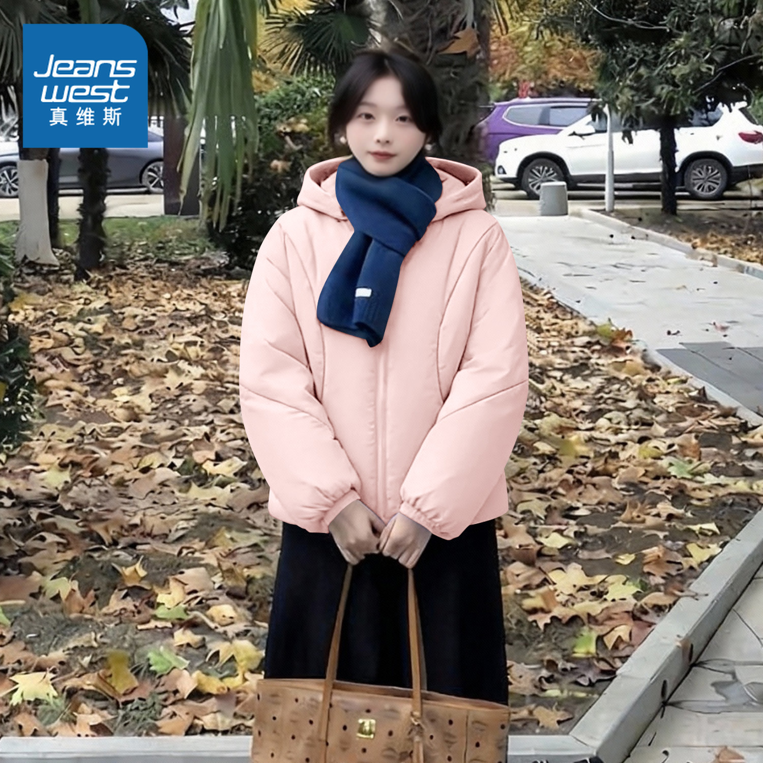 真维斯粉色连帽棉服冬季厚外套